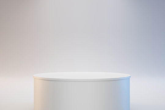 Modern podium or pedestal display with platform concept on white background. Blank shelf stand for showing product. 3D rendering.
