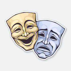 Vector illustration. Two theatrical comedy and drama mask. Sickness in psychology of bipolar disorder. Positive and negative emotion. Movie industry. Sticker with contour. Isolated white background