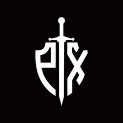 PX logo with shield shape and sword design template