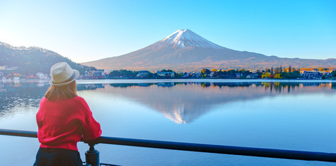Tourist with beautiful landscape view of Mt.Fuji in Japan.