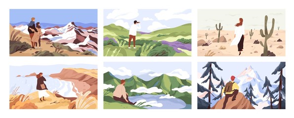Travelers enjoying scenic view flat vector illustrations set. Young people on adventure cartoon character. Searching for goal, opening new horizons, outdoor rest concept. Tourists contemplating nature