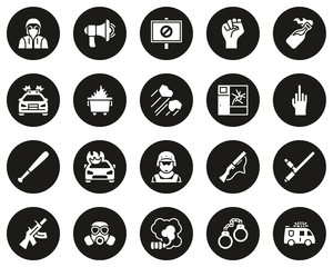 Riot or Public Disturbance Icons White On Black Circle Set Big