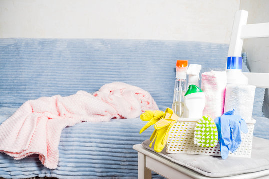 Spring Home Cleaning And Housekeeping Concept, Basket With Cleaning Items, Utensils, Supplies. Copy Space