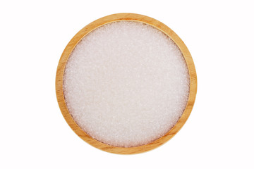 Sugar in  wooden bowl  on a white background.