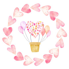 Watercolor card, balloon and hearts. For printing holiday printing for Valentine's Day, Birthday, wedding, Mother's Day. Idea for design album, logo, poster, banner, cover, wrapping paper