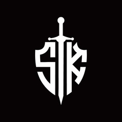SK logo with shield shape and sword design template