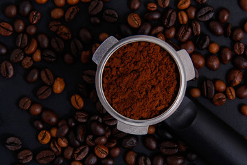 Coffee beans and coffee powder.