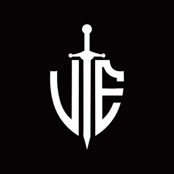 VE logo with shield shape and sword design template