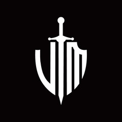 VM logo with shield shape and sword design template