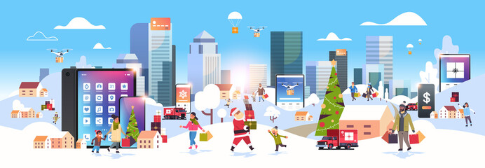 people with shopping bags walking outdoor using online mobile app mix race characters preparing for christmas new year holidays winter cityscape background horizontal banner vector illustration