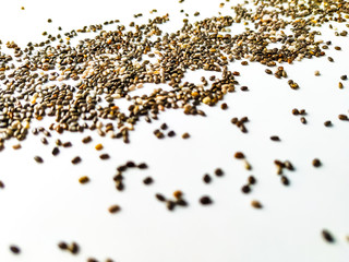 Closeup of healthy chia seed superfood on white background, raw and organic black seed chia placed randomly on table