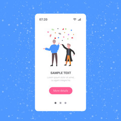 family celebrating merry christmas happy new year winter holidays concept father and son having confetti party smartphone screen online mobile app full length vector illustration
