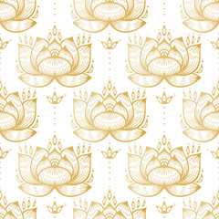 Ethnic Oriental Mehndi Lotus Flower Symbol Seamless Pattern. Golden Ornamental Floral Pattern Vector Background