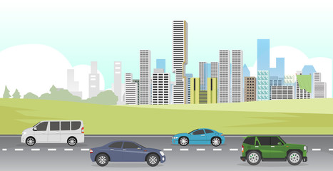 Transportation of car on the road with grass and big city for background.