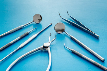 Dental instruments - set with mirrors - on blue background close up