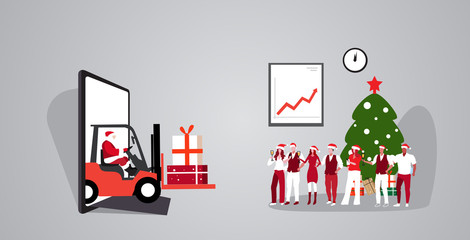 santa driving forklift with gift boxes from smartphone screen businesspeople having corporate party using online mobile app christmas holidays celebration delivery concept horizontal vector © mast3r