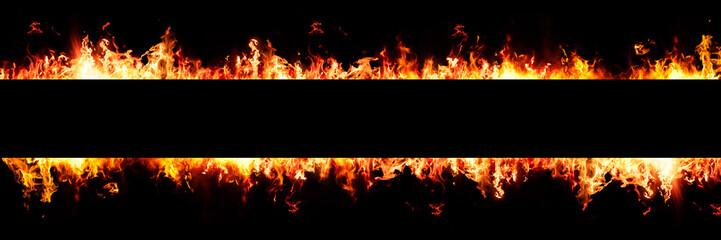 Panorama Fire flames on black background. blank copy space for text message.