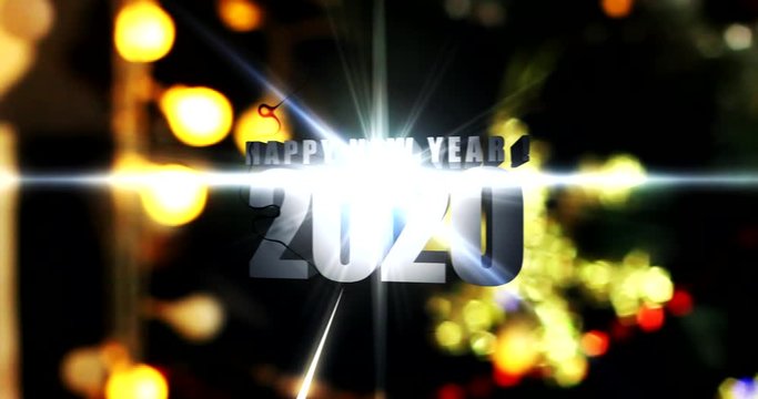 2020 - Happy New Year greeting text. 4K rendering. Perfect for invitations. Nice clock on blur christmas background 2020. Clock is showing midnight. It's twelve o'clock. Happy new year time. Christmas