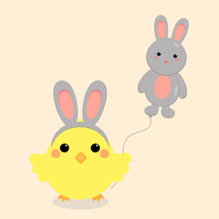 This is cartoon chicken and hare. Chick with balloon. Cute illustration on light background. Could be used for Easter Day.