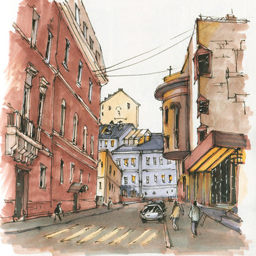 Urban Sketch.  Street In The City Centre