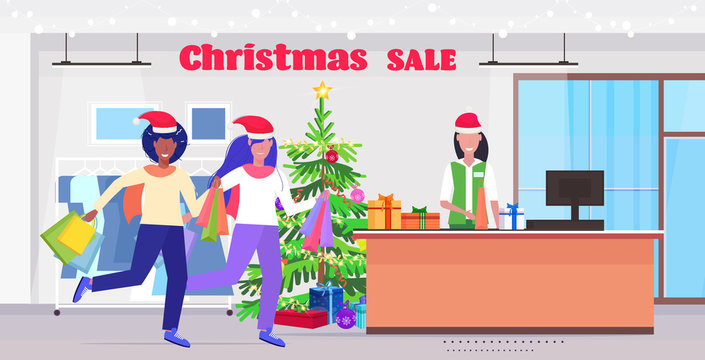 girls in santa hats with shopping bags standing at cash desk with female cashier christmas sale holidays celebration concept modern fashion boutique interior full length horizontal vector illustration