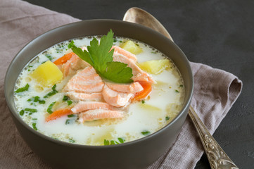 traditional salmon soup with vegetables and cream.