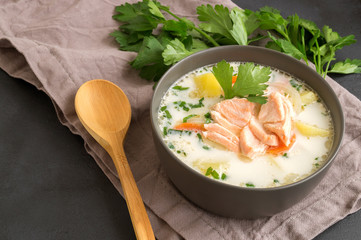 traditional salmon soup with vegetables and cream.