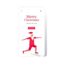 santa claus doing squats exercises bearded man training workout healthy lifestyle concept christmas new year holidays celebration smartphone screen online mobile app full length vector illustration