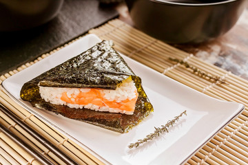 Onigiri with salmon. Japanese national cuisine. Stuffed Rice Balls