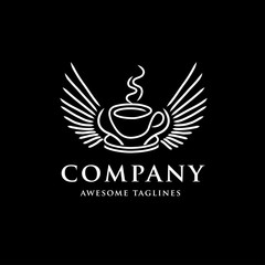 simple and memorable handwritten Coffee cup with wings logo in black background vector concept