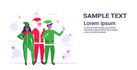 santa claus with mix race elves couple taking selfie photo on smartphone camera christmas holidays celebration concept horizontal copy space full length vector illustration