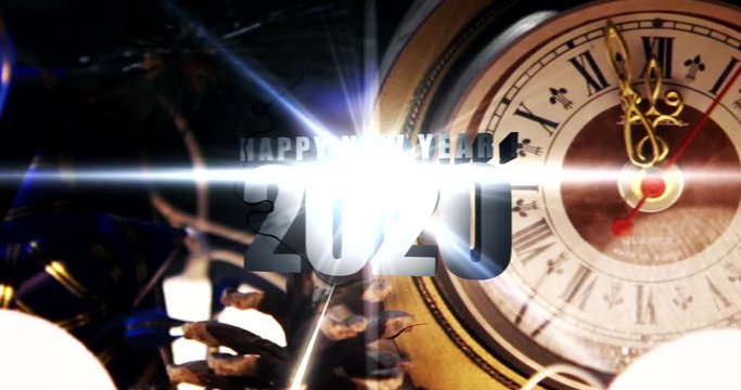 2020 - Happy New Year greeting text. 4K rendering. Perfect for invitations. Nice clock on blur christmas background 2020. Clock is showing midnight. It's twelve o'clock. Happy new year time. Christmas