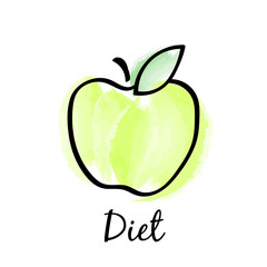 Diet. Watercolor green apple. Isolated on white. Vector
