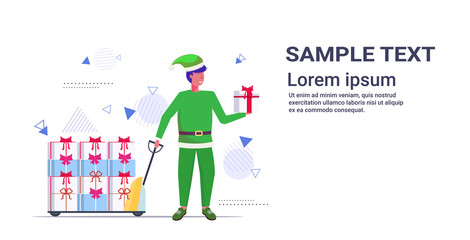 elf santa helper pulling trolley cart with gift present boxes merry christmas happy new year winter holidays celebration concept horizontal full length copy space vector illustration