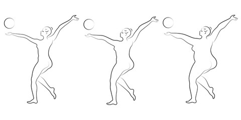 Collection. Silhouette of a cute lady, she is engaged in rhythmic gymnastics with a ball. The woman is overweight and a slender girl athlete. Vector illustration set.