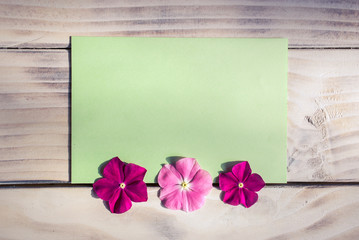 Empty piece of green paper with three pink flowers on wooden background.