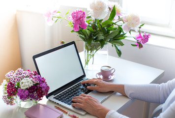 Female hands using laptop. Female office desk workspace homeoffice mock up with laptop, pink peony...