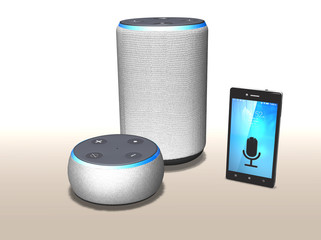 3d Personalisierter Sprachassitent Echo Lautsprecher mit Smartphone, freigestellt