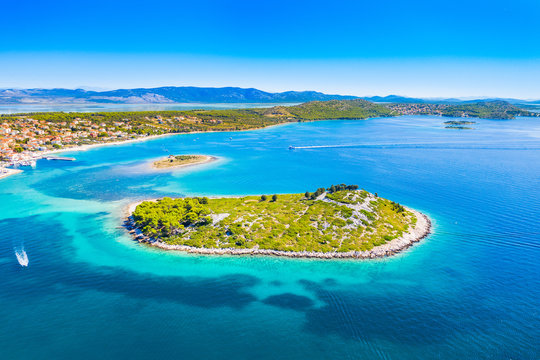 Beautiful blue seascape, archipelago on Adriatic sea in Croatia, near Pakostane