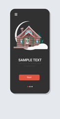 Naklejka premium christmas winter snow-covered wooden house merry xmas happy new year holiday celebration greeting card smartphone screen online mobile app vector illustration