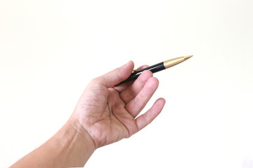 Hand holding Pen for business documents placed on a white background.