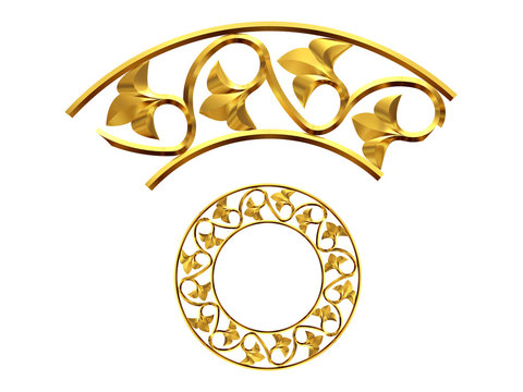 golden ornamental segment, ”sprout", round version, ninety degree angle, for corner or circle, 3d Illustration, separated on white