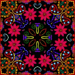 Bright square pattern with red flowers and paisley. Colorful print for bandana, scarf, pillowcase, rug. Summer design.