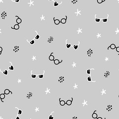 Abstract Fashion Background. Vector Seamless Childish Pattern with Doodle Sunglasses and Eyeglasses, Stars and Dots