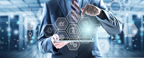 Human working on digital table and business illustration