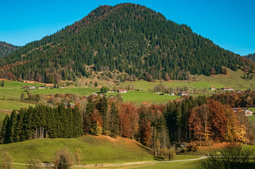 Fototapeta na wymiar Beautiful alpine autumn or indian summer view near Ramsau, Berchtesgaden, Bavaria, Germany
