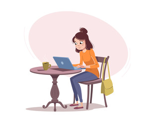 Young woman is sitting with a laptop and a cup of tea or coffee at the table.