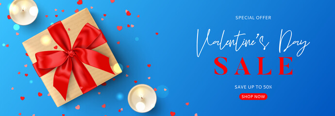 Fototapeta na wymiar Valentine's Day sale promo banner template. Vector illustration with realistic gift box, candles and confetti on blue background. Promo discount banner.