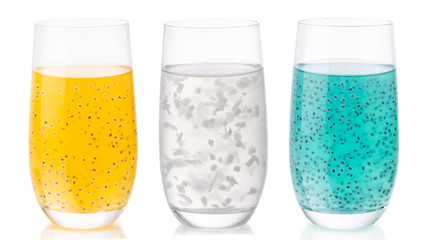 Tropical drinks with basil seeds and coconut pulp in highballs isolated