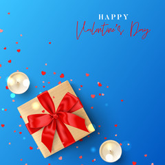 Fototapeta na wymiar Happy Valentine's Day festive card. Vector illustration with realistic gift box, candles and confetti on blue background. Holiday gift card.